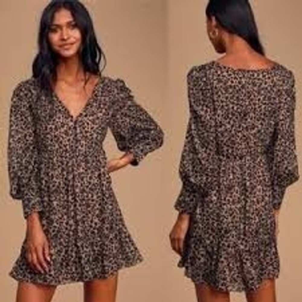 Lulus Mini Dress Women XS Tan Leopard Print 30464L Long Sleeve‎ V-Neck Babydoll